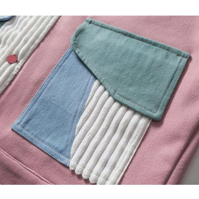 Close-up of colorful patchwork pockets on a casual oversized women's jacket, showcasing trendy fabric textures.