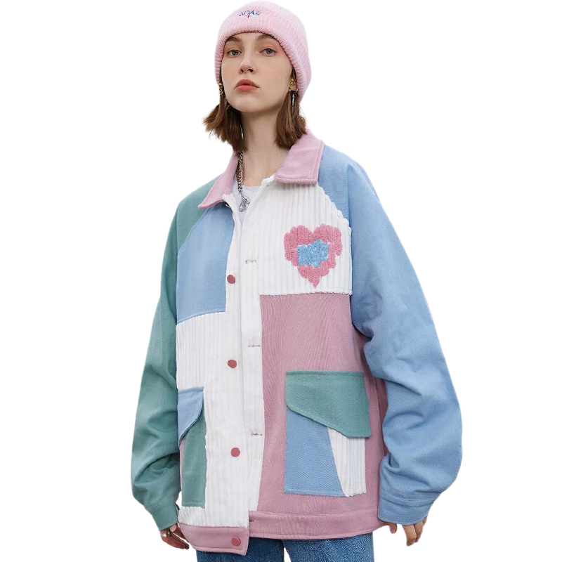 Colorful patchwork oversized jacket for women, featuring a playful heart design and casual style for everyday wear.