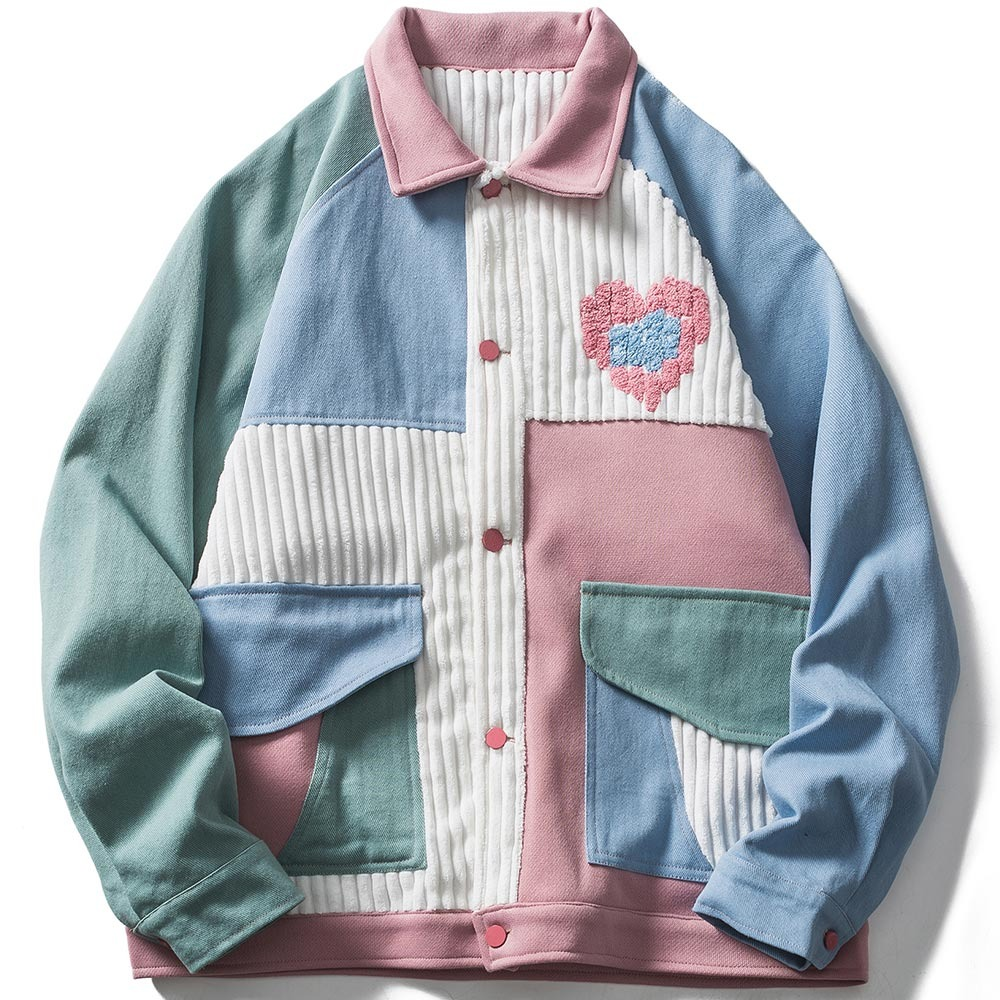 Furry heart colorful patchwork women's oversized jacket in pastel shades for casual wear.
