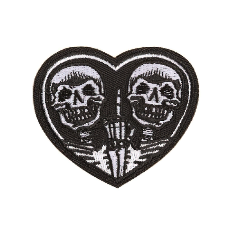 Trendy unisex fusible patch featuring two skeletons in a heart design, perfect for stylish jackets and rock fashion.