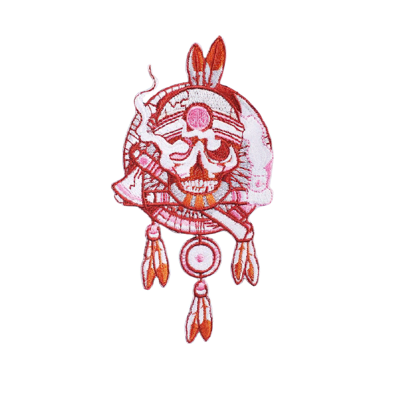 Fusible patch featuring Indian skull with feathers, perfect for unisex rave outfits and alternative style clothing.