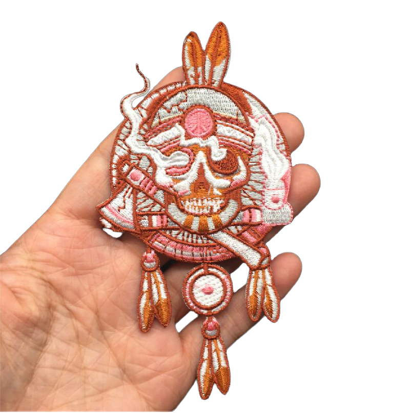 Unisex Indian skull patch with feathers, perfect for alternative style outfits and rave accessories.