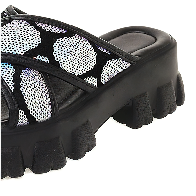 Stylish women's black platform sandals with sequined print, perfect for summer casual wear.