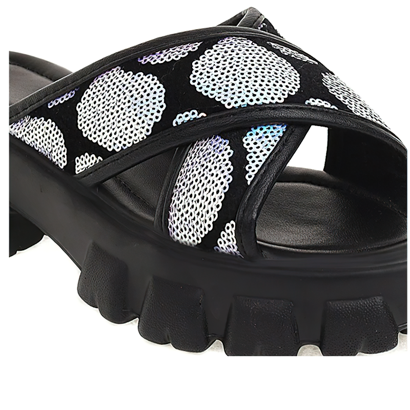 Stylish women's black platform sandals with sequined design, perfect for summer casual outfits.