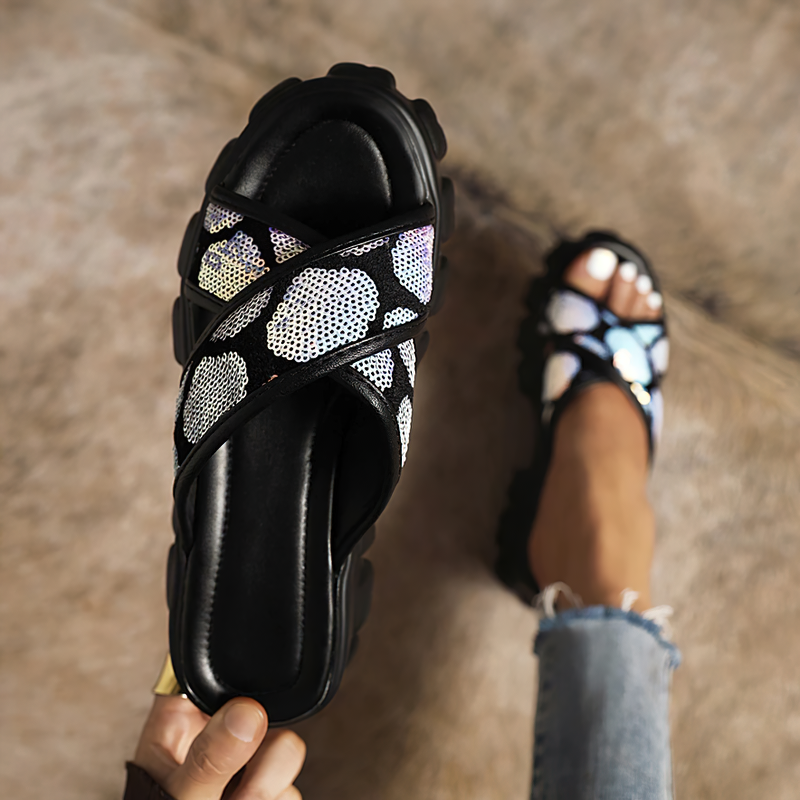 Stylish women's summer sandals in black with sequined detailing, perfect for casual outfits and elevating your height.
