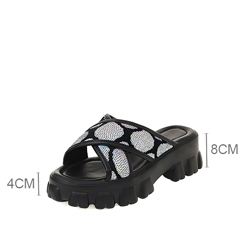 Trendy women's black summer sandals with sequined top and high platform for stylish casual looks.
