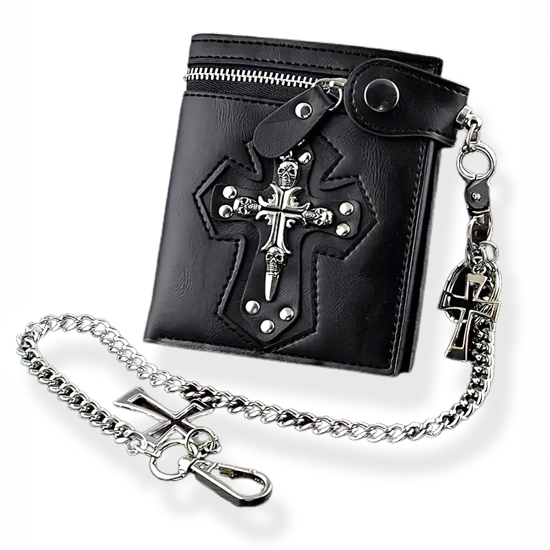 Genuine Leather Gothic Scull Cross Clasp Wallet / Antique Biker Card Holder With Chain - HARD'N'HEAVY