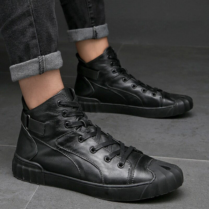 Stylish black genuine leather high-top sneakers for men, perfect for casual fashion and long-lasting comfort.
