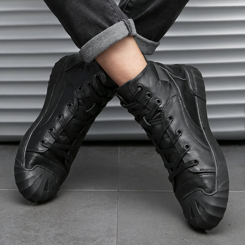 Stylish black genuine leather sneakers for men, perfect for casual wear with breathable comfort.