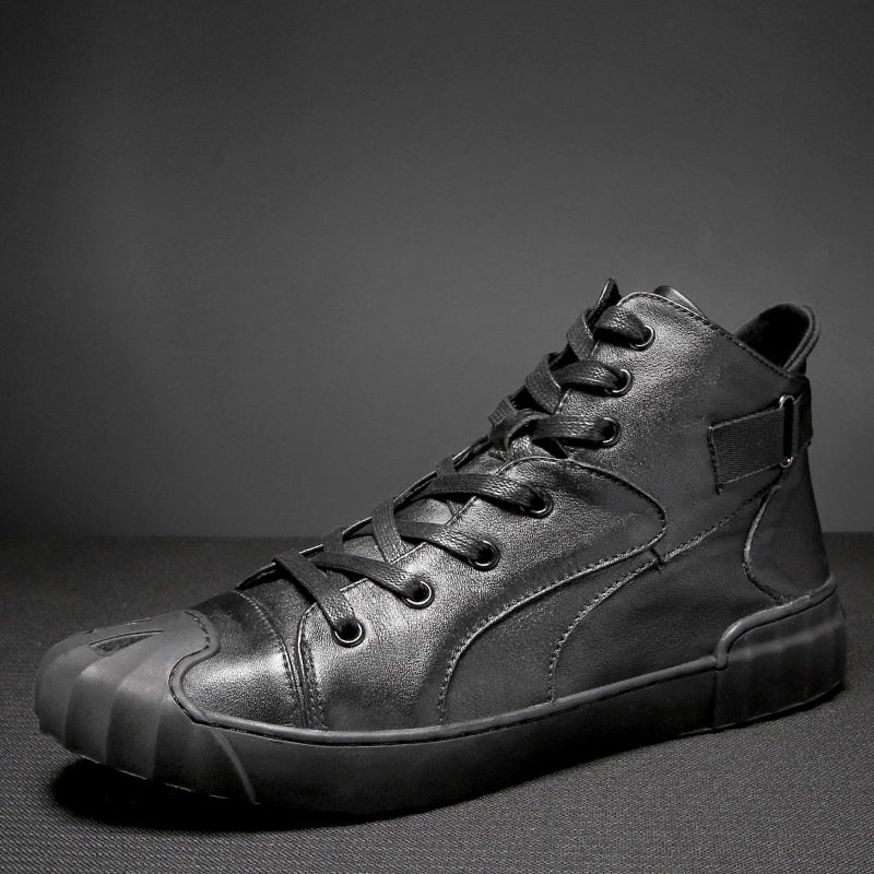 Stylish genuine leather high-top sneakers for men with lace-up closure, perfect for alternative fashion.