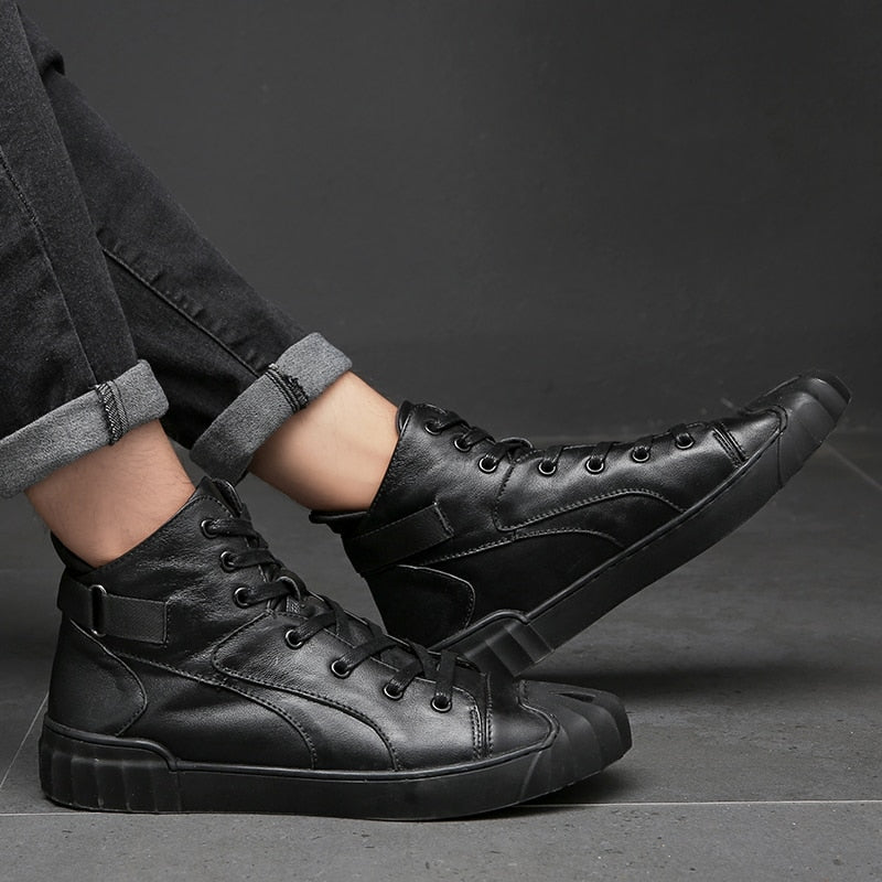 Men's genuine leather high-top sneakers in black, featuring lace-up closure and breathable design for casual style.