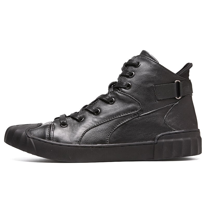 Men's genuine leather high-top sneakers, stylish lace-up design, comfortable for everyday wear and casual fashion.