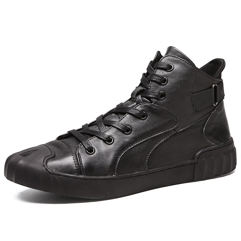 Stylish black genuine leather sneakers for men with lace-up closure and durable rubber outsole.
