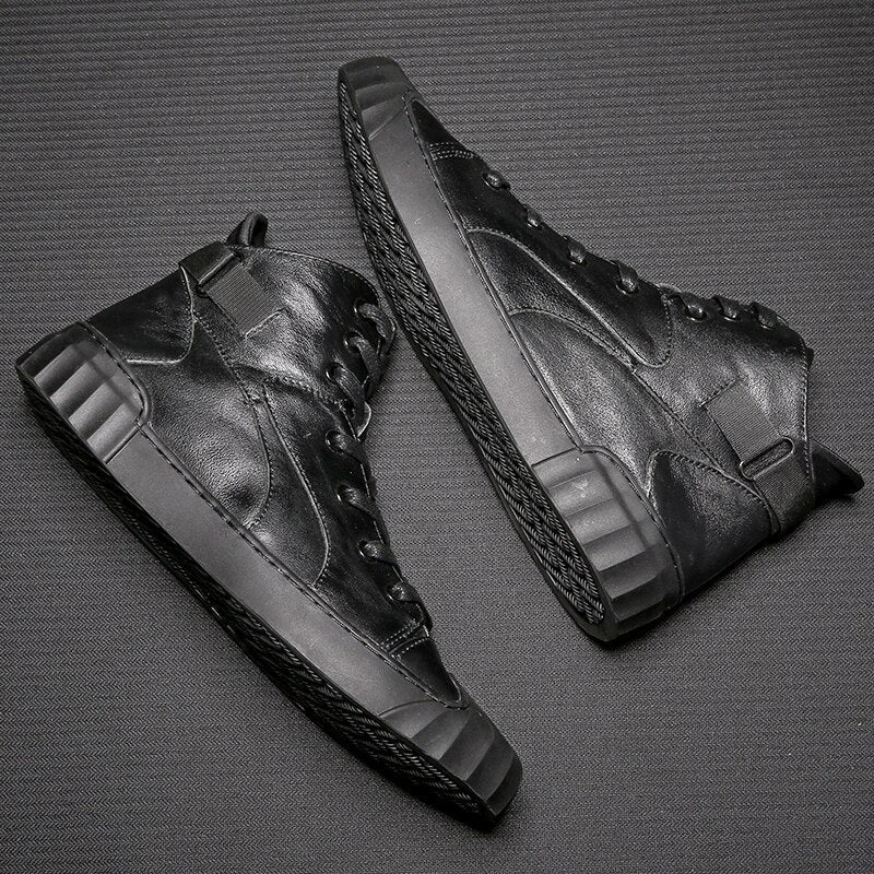 Genuine leather black high-top sneakers for men, featuring lace-up design and durable rubber outsole.