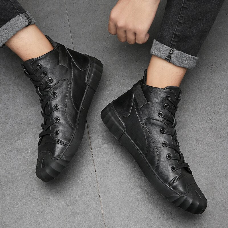 Genuine leather high-top sneakers for men, perfect for casual wear and stylish alternative fashion.