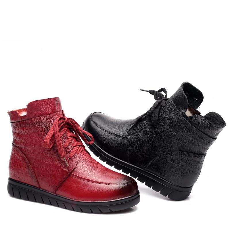 Genuine leather women's ankle boots in red and black, lace-up casual snow boots with low sole for stylish comfort.