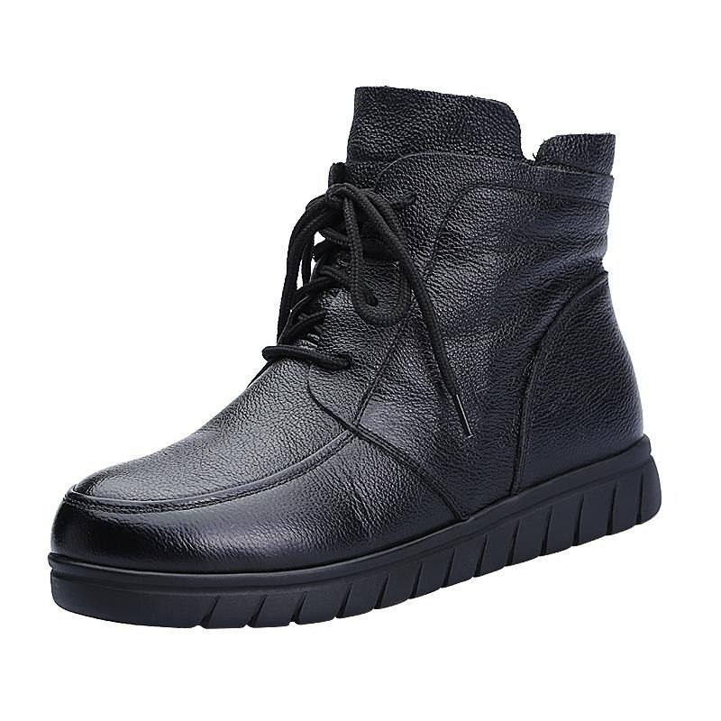 Stylish women's genuine leather ankle boots in black with lace-up design, perfect for casual wear and comfort.