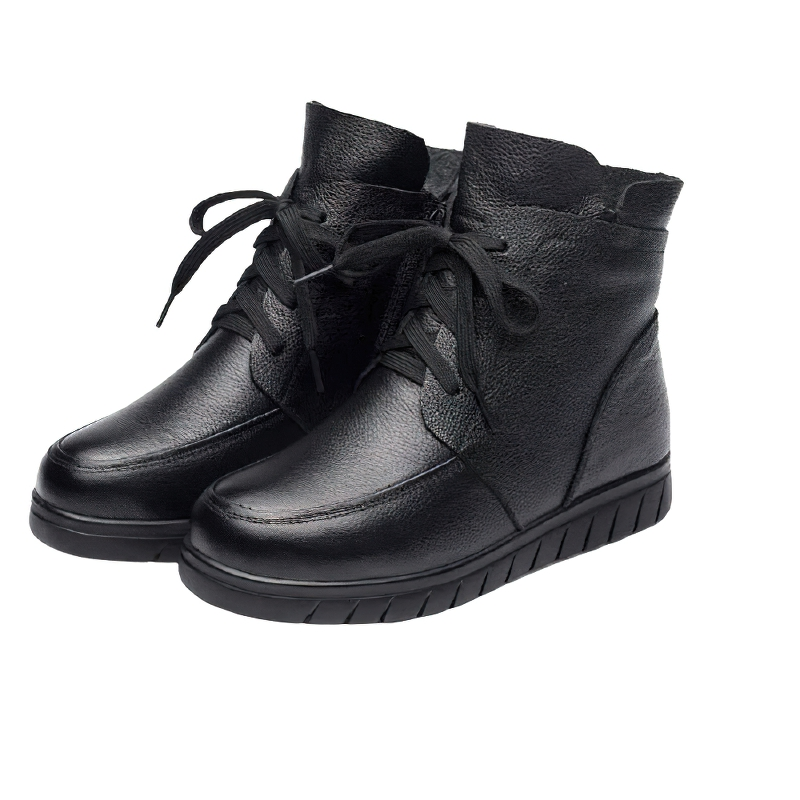 Stylish women's genuine leather ankle boots in black with lace-up design and comfortable low sole.