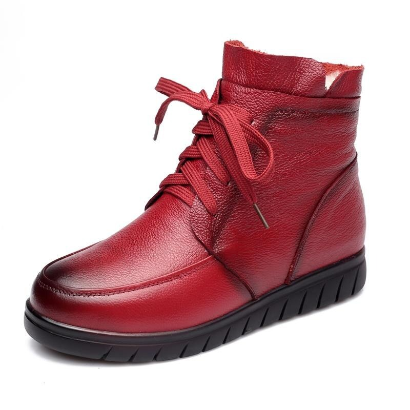 Stylish women's red genuine leather ankle boots with lace-up design for casual wear and comfort.