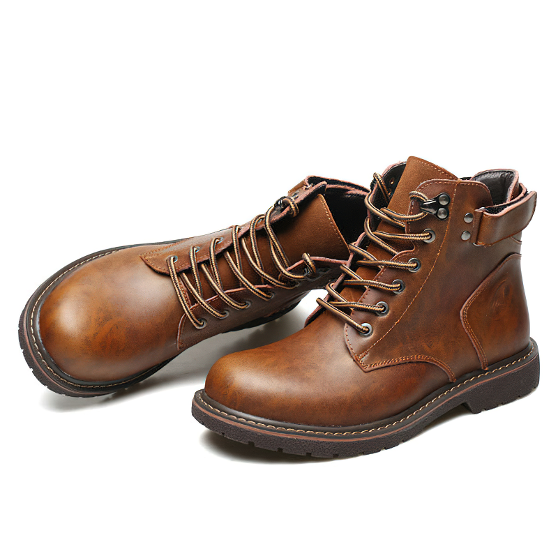 Brown faux leather ankle motorcycle boots for men, vintage style, durable and stylish footwear for bikers.