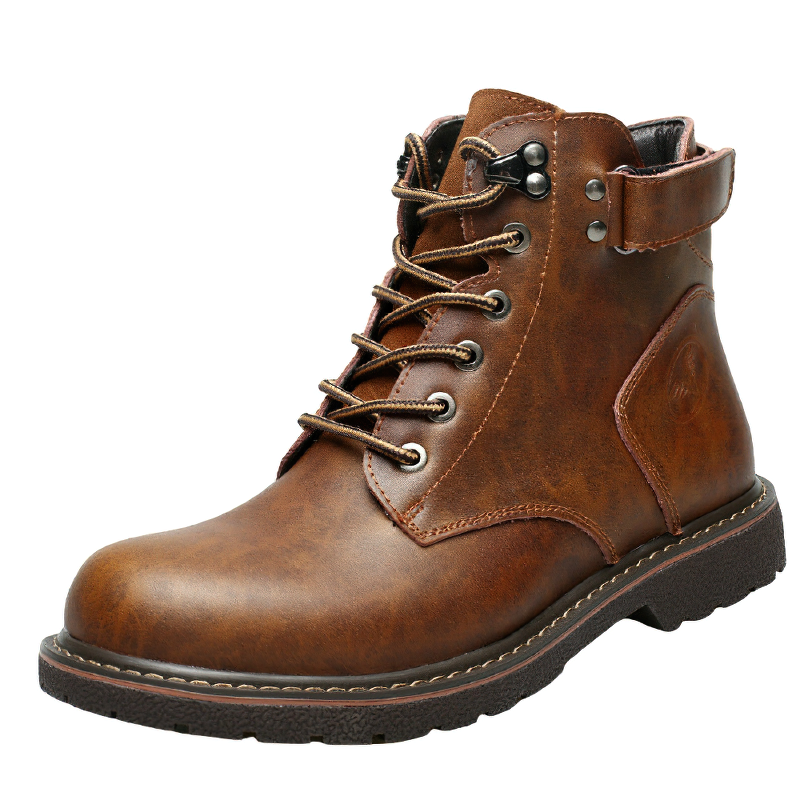 Stylish faux leather ankle motorcycle boots for men in vintage brown, perfect for a durable biker look.