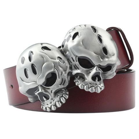 Genuine leather belt with a striking double skull buckle, perfect for rock style enthusiasts and alternative fashion lovers.