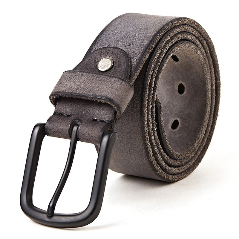 Genuine leather men's belt in gray with a matte black metal pin buckle, perfect for casual outfits.