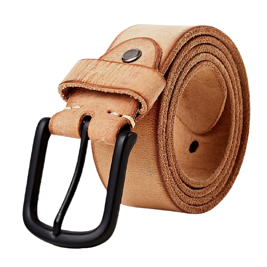 Genuine leather men's belt with black matte metal pin buckle, perfect for casual jeans outfits.