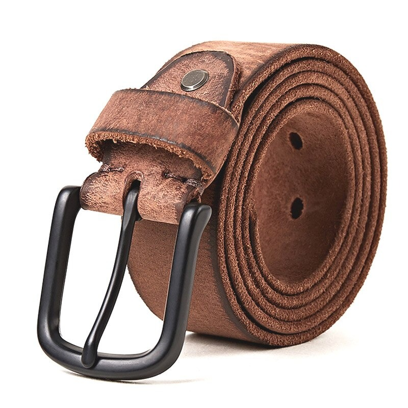 Genuine leather men’s belt with a matte black pin buckle, stylish casual accessory for jeans.