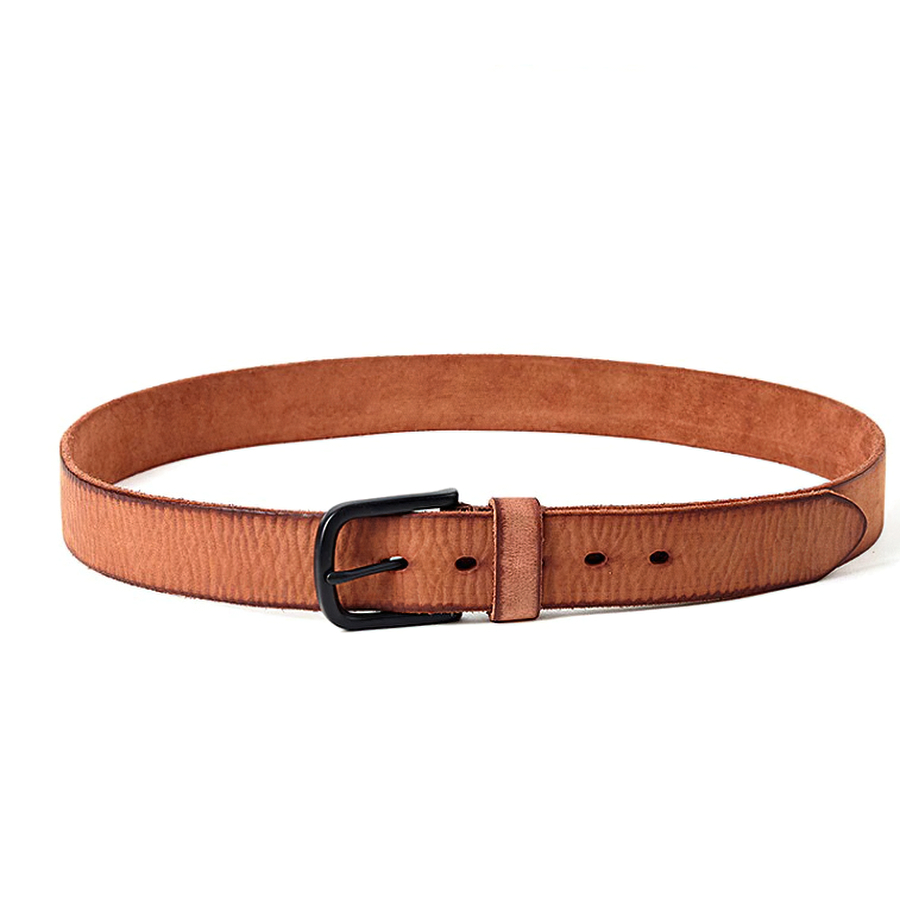 Genuine leather men's belt in brown with matte black buckle, perfect casual accessory for jeans.