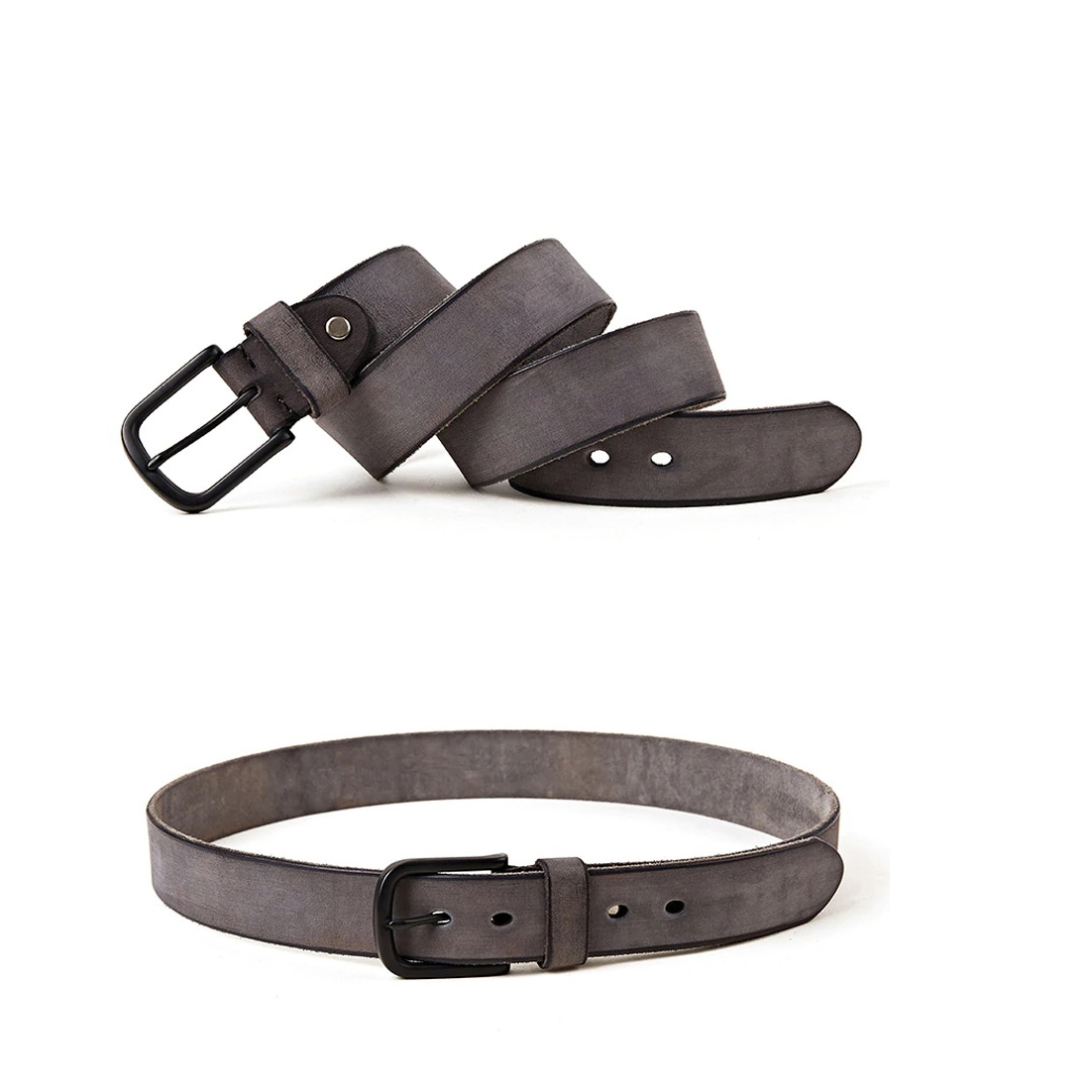 Stylish genuine leather men's belt with matte metal pin buckle in gray color, perfect for casual outfits.