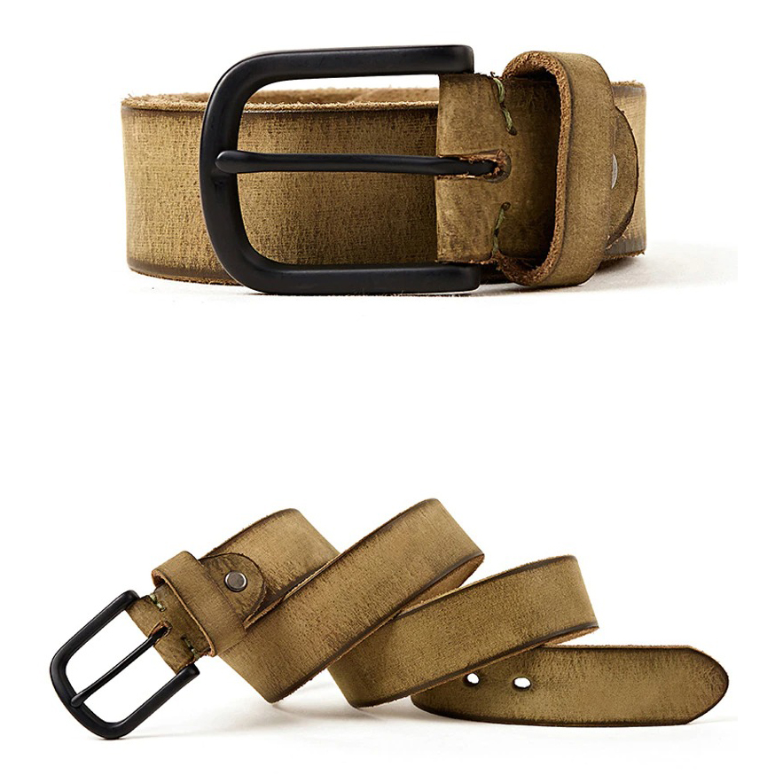Genuine leather belt with a matte black pin buckle, casual and stylish accessory for men's jeans.