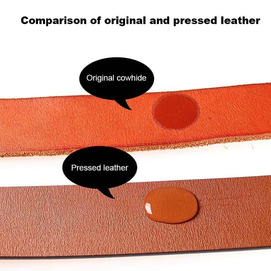 Comparison of original cowhide and pressed leather textures in a side-by-side image.