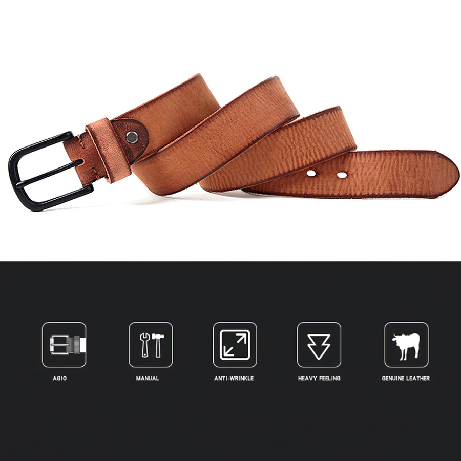 Genuine leather men's belt with matte black metal pin buckle in brown color, showcasing stylish design and quality features.