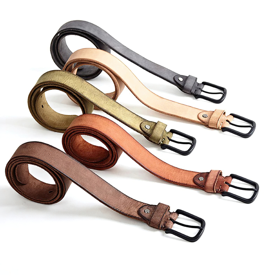 Genuine leather belts in various colors with matte metal buckles, perfect for men's casual style and jeans.