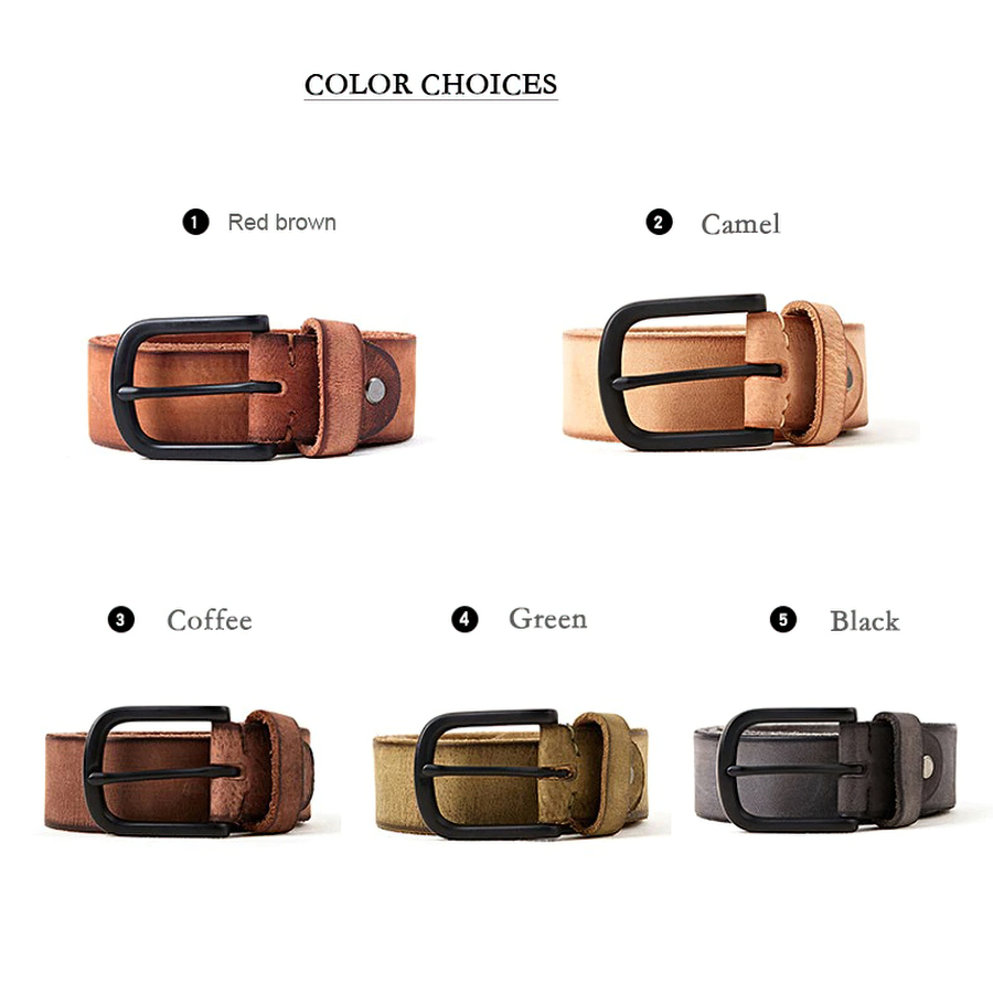 Genuine leather men's belt in color choices: red brown, camel, coffee, green, and black with matte metal buckle.