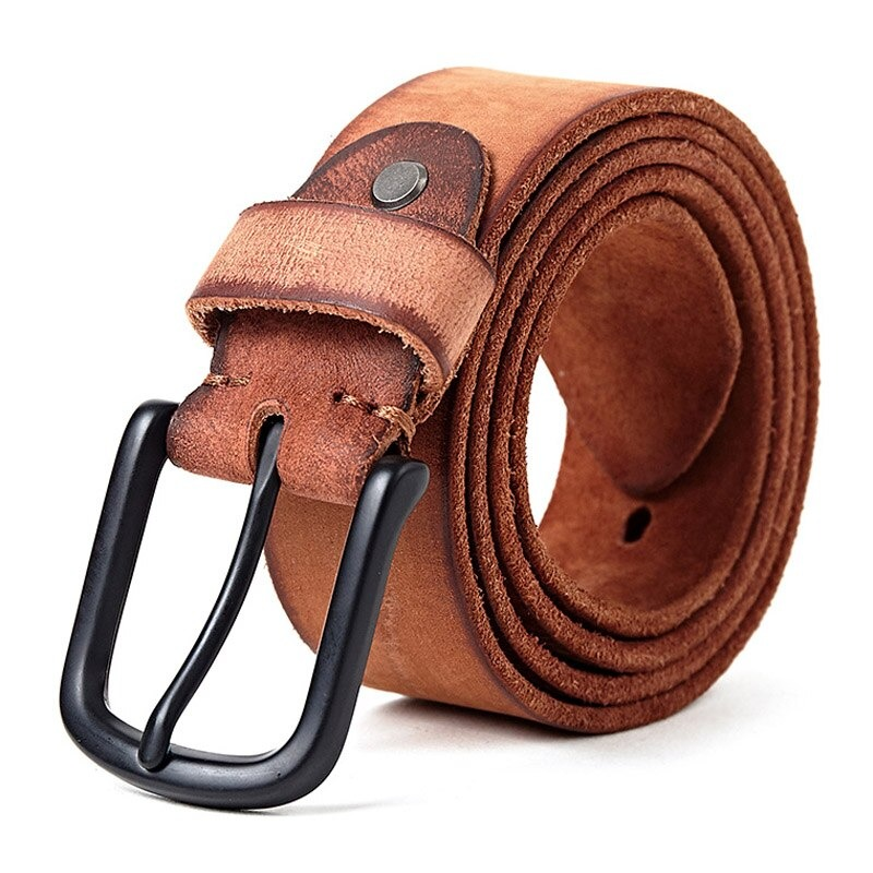 Genuine leather belt with matte metal pin buckle in brown, perfect for casual outfits and jeans.