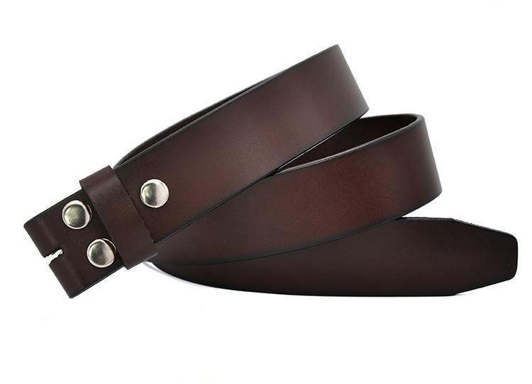 Stylish genuine leather belt without buckle in dark brown, perfect for casual outfits and alternative fashion accessories.