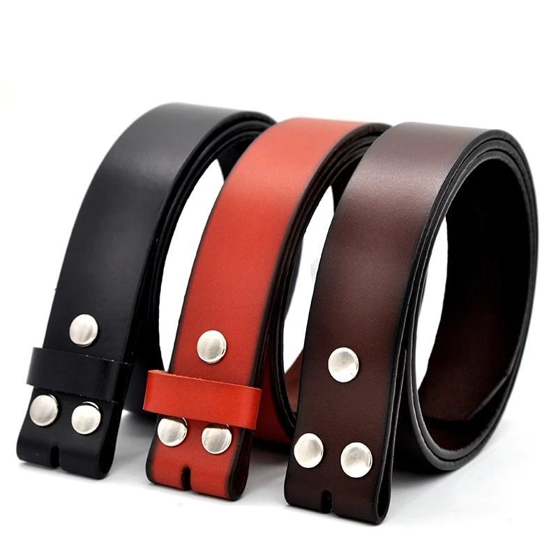 Genuine leather belts without buckles for men and women in black, red, and brown, featuring metal details.