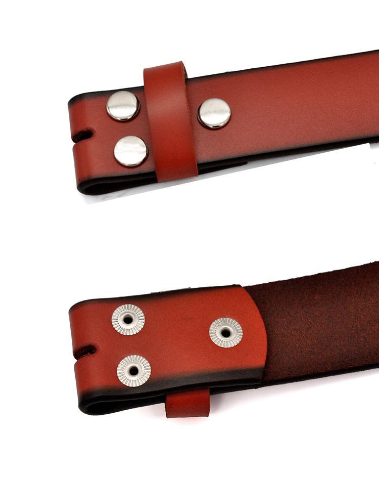 Close-up of genuine leather belt without buckle, featuring metal details and stylish design for men and women.