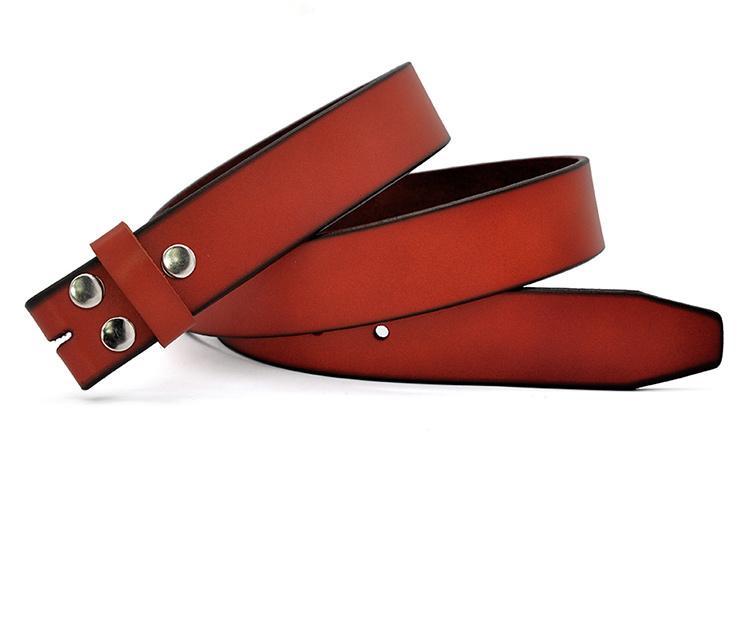 Genuine red leather belt without a buckle, perfect casual accessory for men and women, featuring metal details.