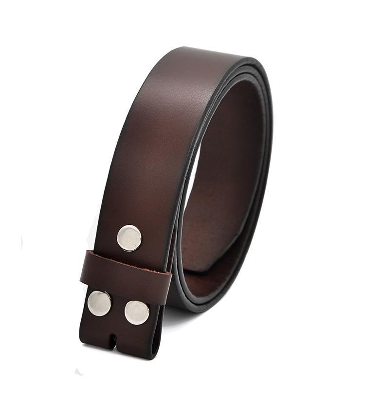 Genuine leather belt without buckle in dark brown with metal details, ideal for casual outfits.