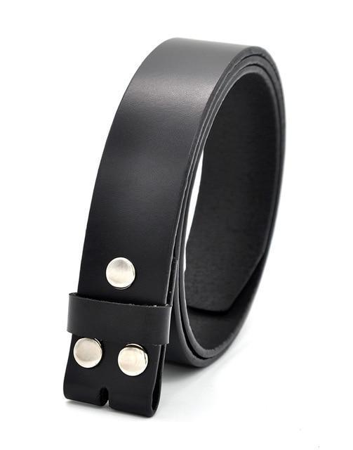 Genuine leather belt without buckle for men and women, featuring sleek black design and metal details, perfect for casual wear.