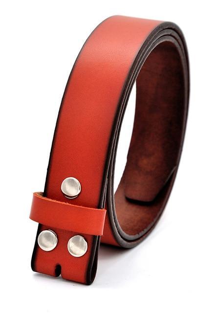 Genuine leather belt without buckle in orange, featuring metal details for men and women, stylish alternative fashion accessory.
