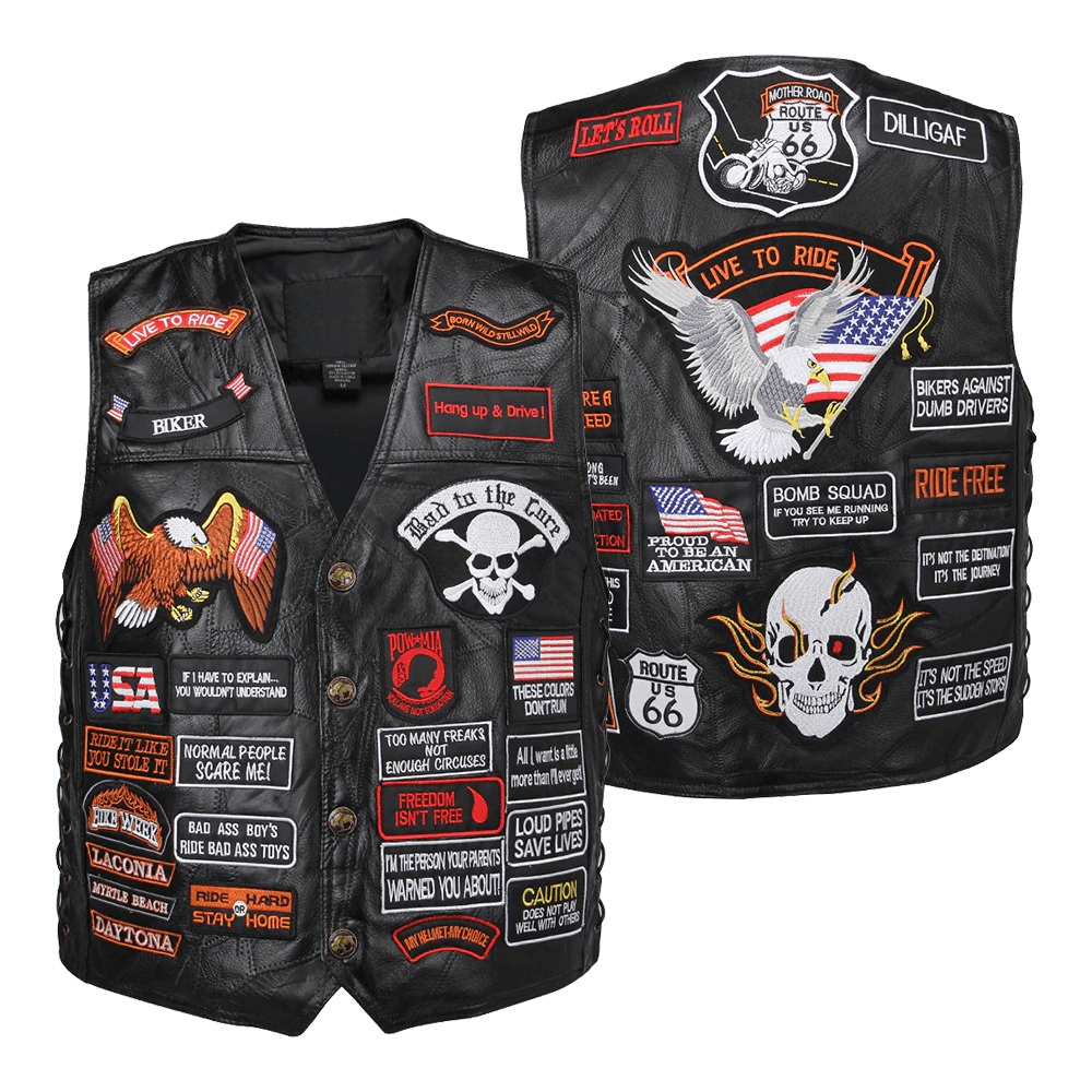 Genuine leather biker vest with rock-style patches, featuring skull, eagle, and US flag designs, perfect for edgy outfits.