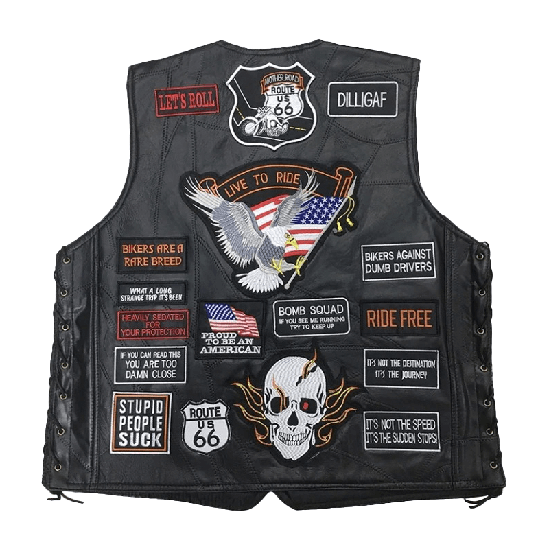 Genuine leather biker vest featuring rock-style patches and American themes, perfect for edgy outfits.