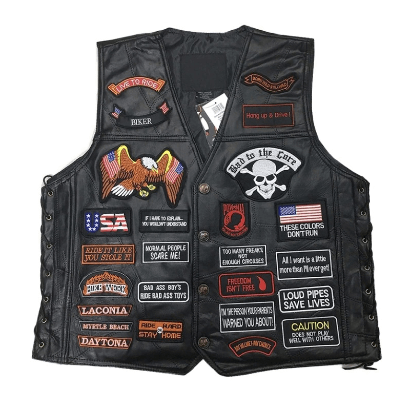 Genuine Leather Biker Vest With Patches / Rock Style Skull US Flag Eagle / Edgy Clothing - HARD'N'HEAVY
