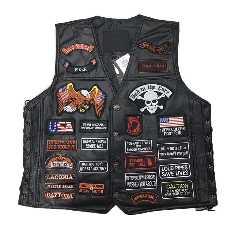 Men's genuine leather biker vest with edgy rock patches, including skull, eagle, and US flag designs.