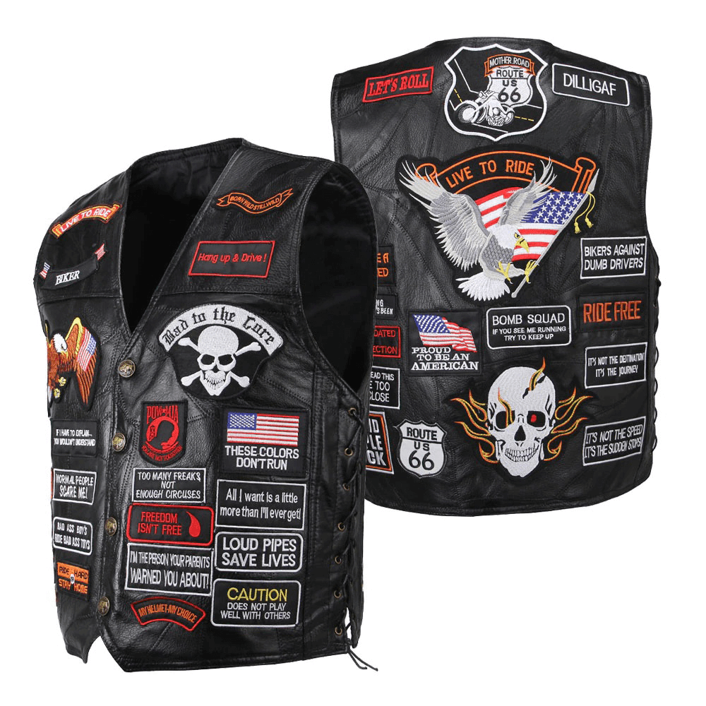 Genuine leather biker vest featuring rock-style patches, skull, US flag, and eagle designs for edgy fashion lovers.