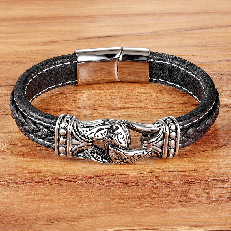 Genuine leather and stainless steel gothic bracelet for men, perfect for adding flair to any outfit.